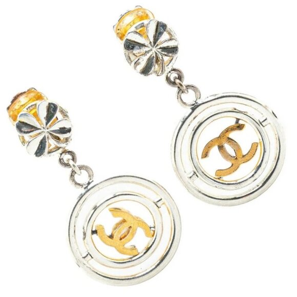 CHANEL CC Logos Clover Dangle Earrings Silver & Gold Tone Auth #3948 - Picture 1 of 4